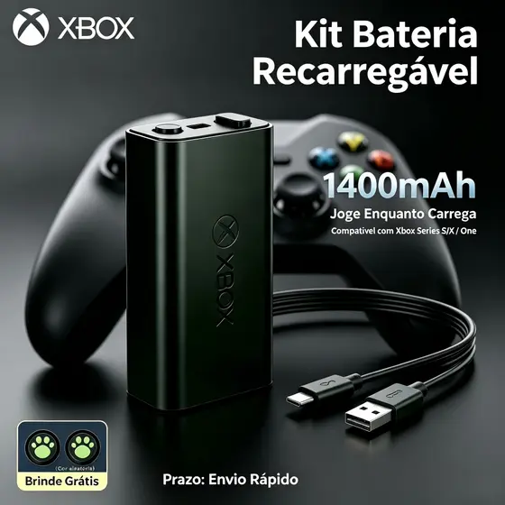 Kit Bateria Recarregável para Controle Xbox Series S/X / One + Cabo USB-C + Tampa + Capas de Analógico