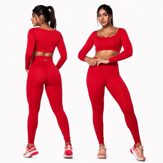 DIASP Conjunto Top e Legging Poliamida Academia Roupa Fitness Inverno Manga Longa Cropped Virginia Leg