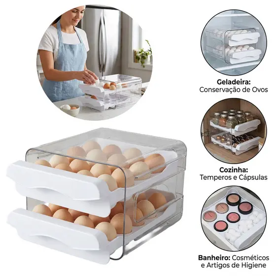 Organizador Porta Ovos 32 Unidades Duplo Com Tampa Geladeira