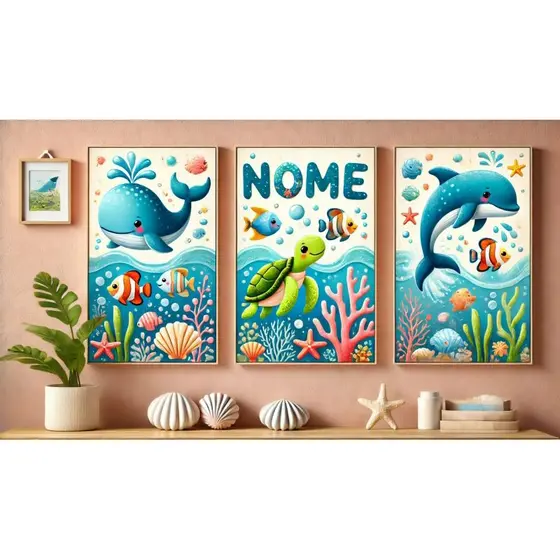 Quadros Decorativos Personalizados Infantil Fundo do Mar Bebê Para Sala Quarto Escritório Decoração