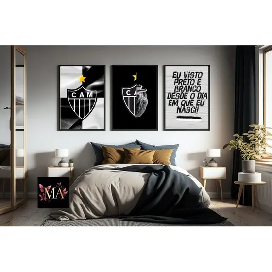 Quadros Decorativos Atlético Mineiro Galo Hino 3 Peças Para Sala Quarto Escritório Decoração
