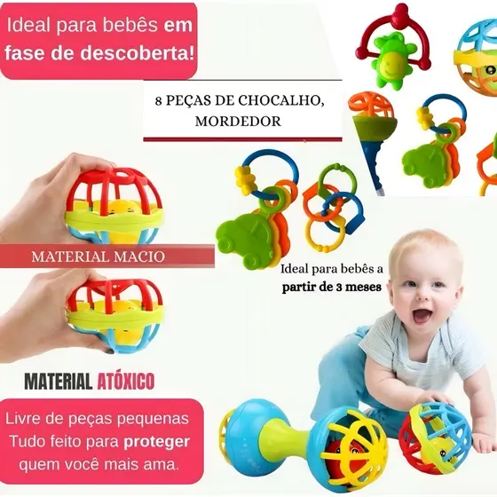 Kit 8 Brinquedos de Bebe Chocalho Mordedor Silicone Macio Bola Colorida Para Meninas/Meninos Móbile