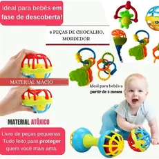 Kit 8 Brinquedos de Bebe Chocalho Mordedor Silicone Macio Bola Colorida Para Meninas/Meninos Móbile