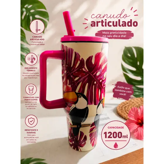 Garrafa Caneca Copo Térmico Grande Com Canudo E Alça Inox 304 Estampado Pássaros 1,2L (1200ml)