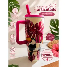 Garrafa Caneca Copo Térmico Grande Com Canudo E Alça Inox 304 Estampado Pássaros 1,2L (1200ml)