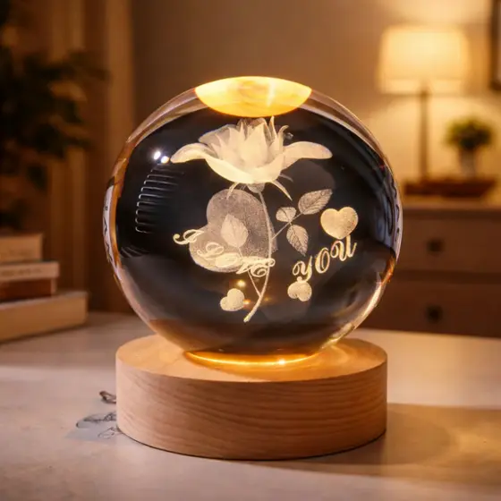 Rosa I Love You 3D Globo De Cristal Iluminado Luminária De Mesa USB