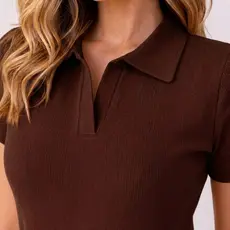 Blusa Polo Feminina Gola Polo Decote V Ribana Canelada Ajustada Manga Curta Casual