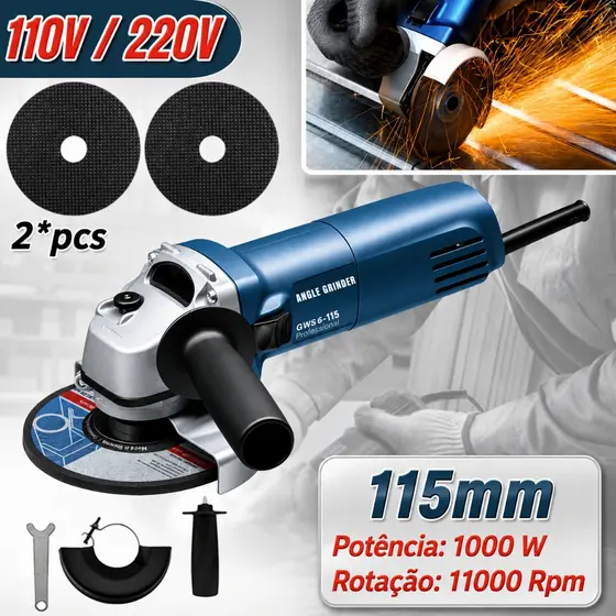 1000W Esmerilhadeira Lixadeira Angular 115mm 11000rpm Dupla Voltagem 110V 220V