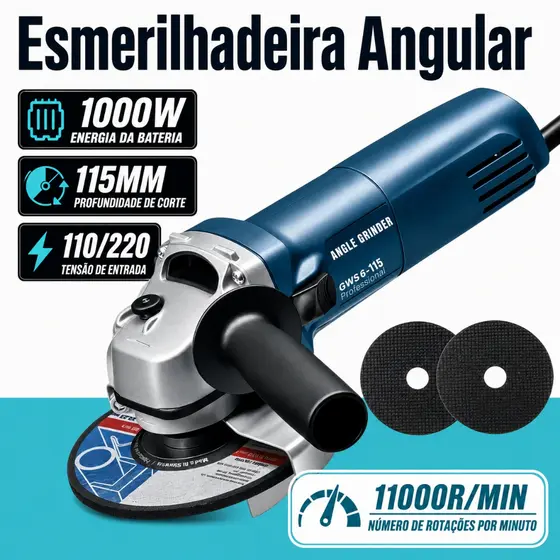 Esmerilhadeira Lixadeira 1000W 115mm Bivolt 110V/220V KINETX Angular 11000rpm Profissional