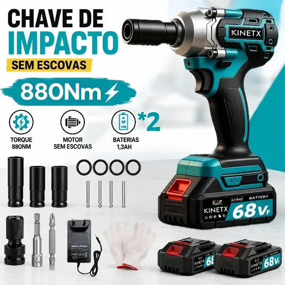 KINETX Chave De Impacto 880Nm 2 Bateria 68VF Bivolt Com 6 Acessorios Motor Sem Escova
