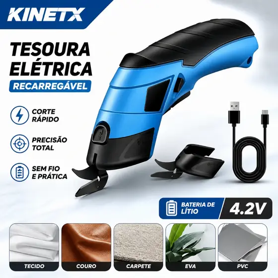 Tesoura Elétrica Para Tecidos Recarregável USB-C Bivolt Corte Rápido Multiuso Papelão Couro EVA Artesanato - KINETX