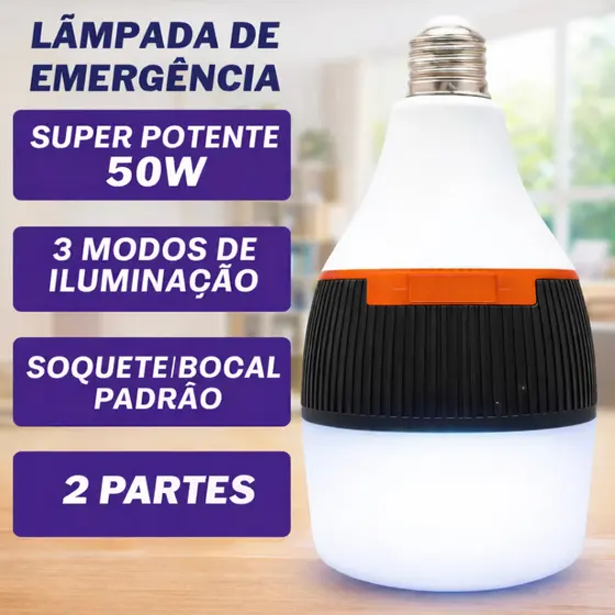 Lâmpada de Emergência LED 50W/30W Bivolt – Dura 6h sem Energia, Portátil, Recarregável