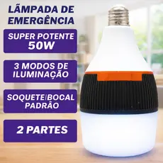 Lâmpada de Emergência LED 50W/30W Bivolt – Dura 6h sem Energia, Portátil, Recarregável