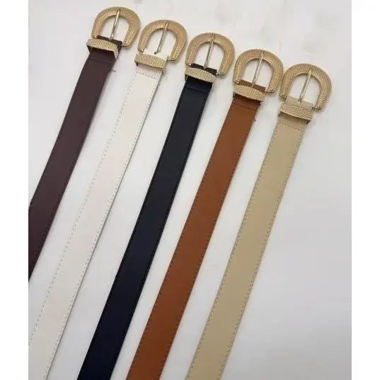 Cinto Feminino Largura 2 5cm Fivela Dourada Formato D Texturizado Ajustável para Calça Vestido Casual Escritório