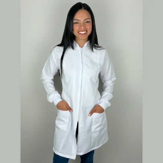 Jaleco Branco Feminino Acinturado com Zíper e Punho – Oxford Premium