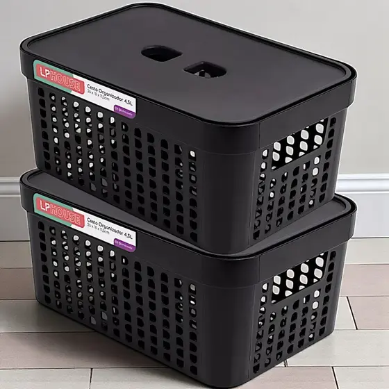 KIT 2 Caixas Organizadoras 4,5 L com Tampa – Plástico Resistente, Empilháveis, Multiuso