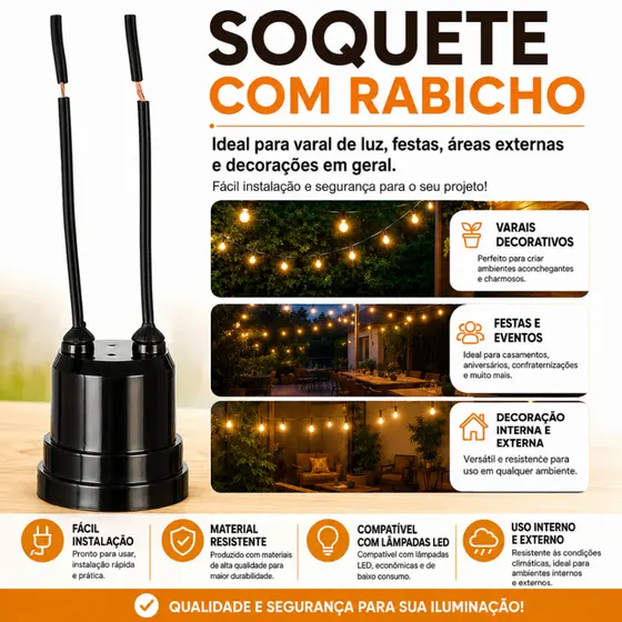 Soquete Bocal para Lâmpada E27 C/ Rabicho Festão Varal De Luz Cordão Iluminado