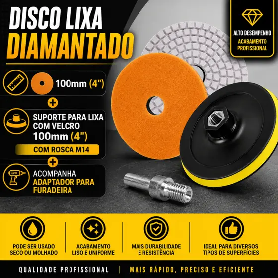 KIT Suporte C/ Velcro + Lixa Diamantada Ø 100mm Para Desbaste Polimento Mármore Granito Porcelanato