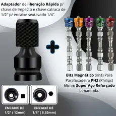 Adaptador Impacto 1/2 p/ 1/4 com Ponteira Philips PH2 Magnética Engate Rápido Aço Reforçado