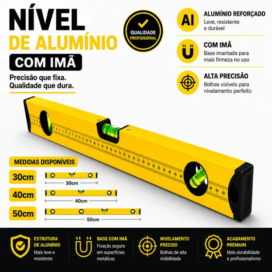 Nível de Alumínio Magnético 30/40/50cm Alta Precisão, Resistência e Desempenho Profissional