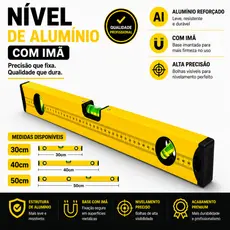 Nível de Alumínio Magnético 30/40/50cm Alta Precisão, Resistência e Desempenho Profissional