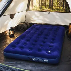 Colchão Inflável Casal MOR Aveludado Azul com Inflador de Pé Embutido Camping Viagens Visitas