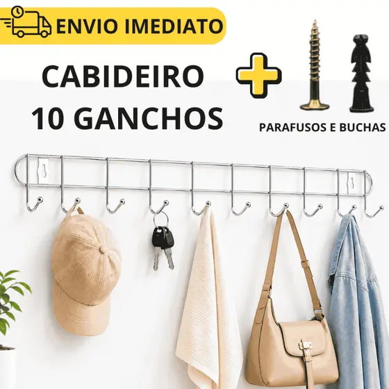 Cabideiro de Parede 10 Ganchos 54cm Suporte de Parede para Roupas Toalhas Bolsas