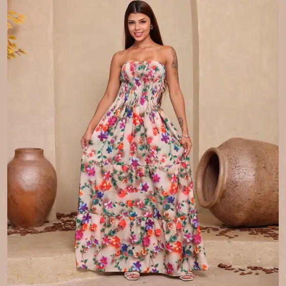 VESTIDO LONGO TOMARA QUE CAIA COM ELASTEX ESTAMPADO VERÃO