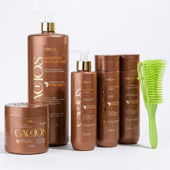 Kit Fattore Cachos Óleos Africanos + Escova Polvo – Nutrição e Hidratação Intensiva sem Frizz