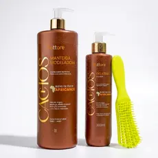 Fattore Kit Cachos Óleos Africanos Manteiga Modeladora 1L e Gelatina Líquida 300ml + Escova Polvo – Finalização Completa