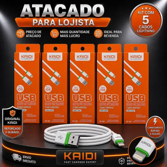 Kit Lojista 5 Cabos USB Lightning IOS Iphone Original Kaidi Reforçado Carregamento Rápido Atacado Preço de Lojista