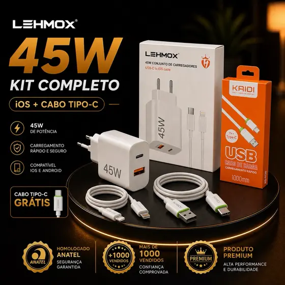 Kit Carregador iPhone Completo + Cabo USB-C Grátis | Carga Rápida