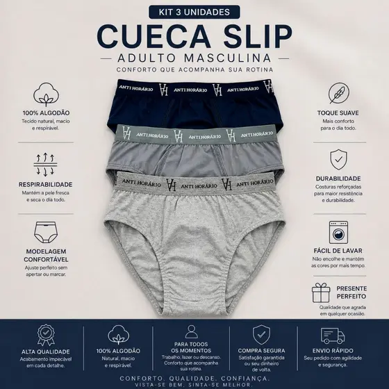 Cueca Masculina Adulto Modelo Slip 100% Algodão - Kit com 3  608-K3