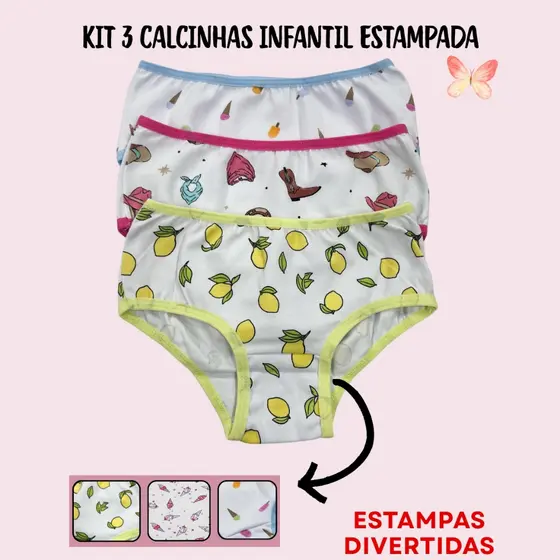 Kit 3 Calcinhas Infantil Menina Cotton Lycra Estampada 894-K3