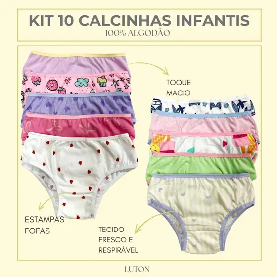 Kit 10 Calcinhas Menina Infantil 100% Algodão Estampas Divertidas 01-K10