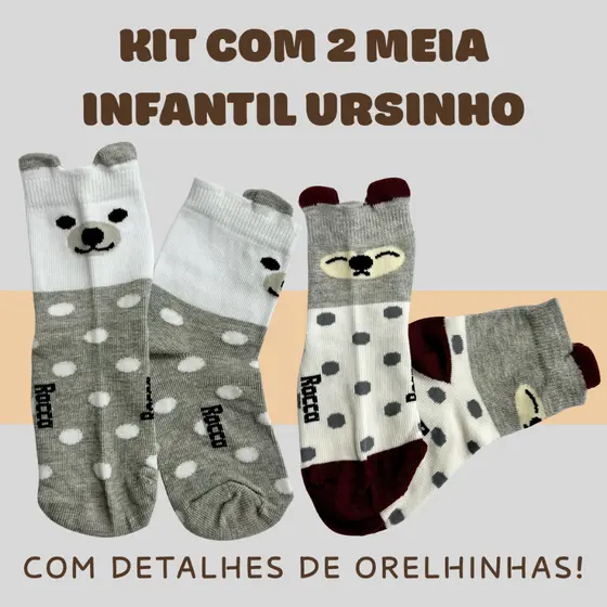 Kit Com 2 Meia Infantil Ursinho Com Detalhe De Orelhinhas Estampa Poá 7014-K2