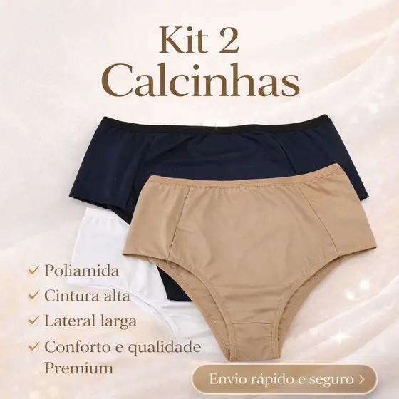 Calcinha Feminina De Poliamida Cintura Alta E Lateral Larga Adulto Kit 2 unid - 529-K2