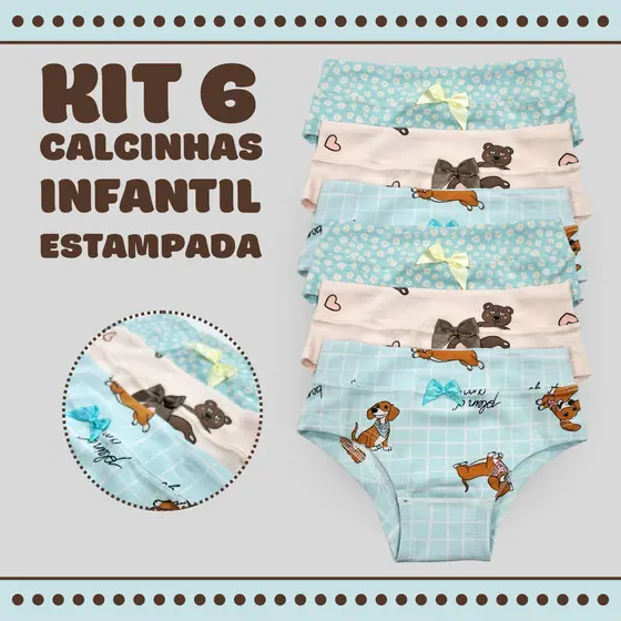 Kit 6 Calcinhas Infantil Estampadas Sortidas Menina Com Forro 1133-K6