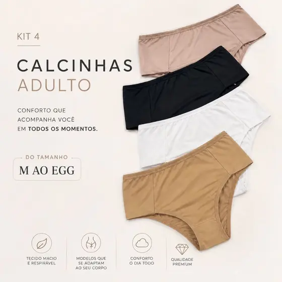 Kit 4 Calcinhas Femininas Confortáveis Cintura Alta 529-K4