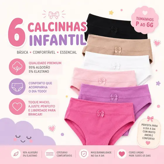 Kit 6 Calcinhas Infantil Menina Do P Ao GG Cores Sortidas 1299-K6