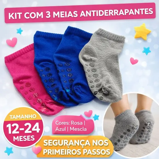 Kit 3 Meias Infantis Antiderrapantes Segurança Ao Andar Conforto 8424-K3