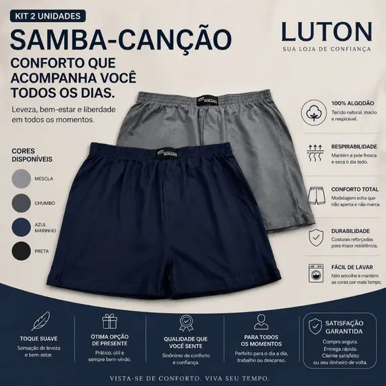 Kit 2 Cueca Samba Canção Masculina Algodão Premium 576-K2