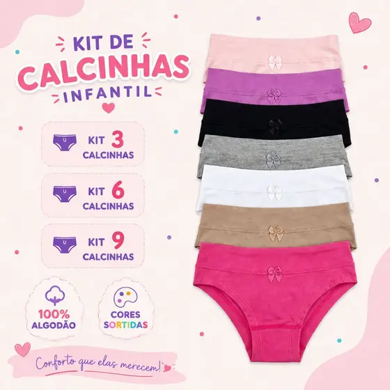 Kit Calcinha Menina Cotton Premium Laterais Largas Lisa 1299-K-C2