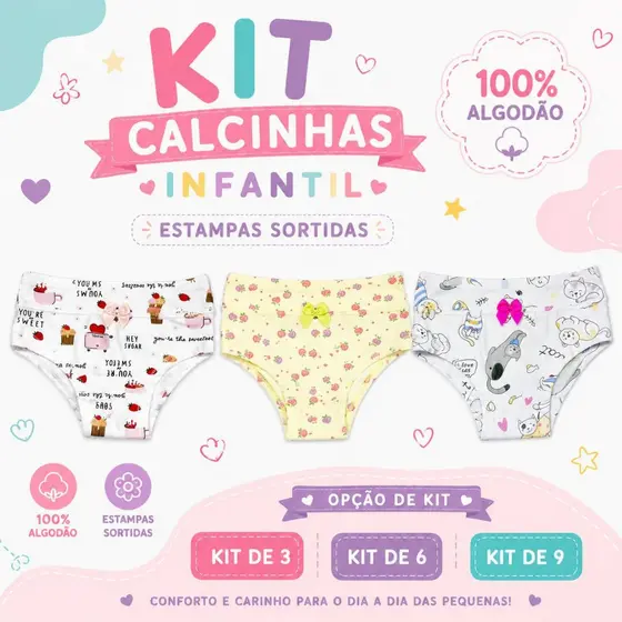 Calcinhas Infantis Menina Algodão Cotton, Macias Confortáveis, Não Apertam, Estampas Fofas do P ao GG - 1133-K-C3