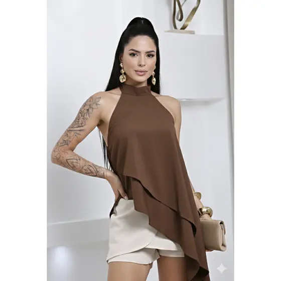 BLUSA FEMININA GOLA ALTA HALTER ASSIMÉTRICO ELEGANTE SOFISTICADO BOA