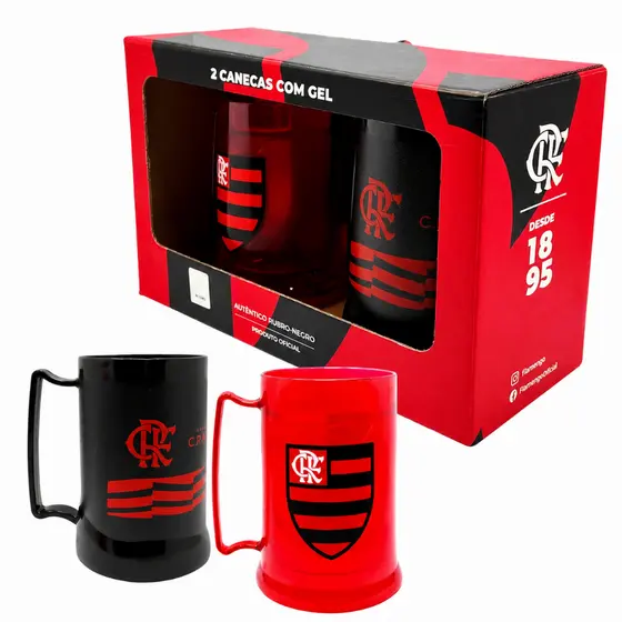 KIT 2 CANECAS COM GEL FLAMENGO OFICIAL 300ML E 400ML RUBRO-NEGRO