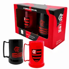 KIT 2 CANECAS COM GEL FLAMENGO OFICIAL 300ML E 400ML RUBRO-NEGRO