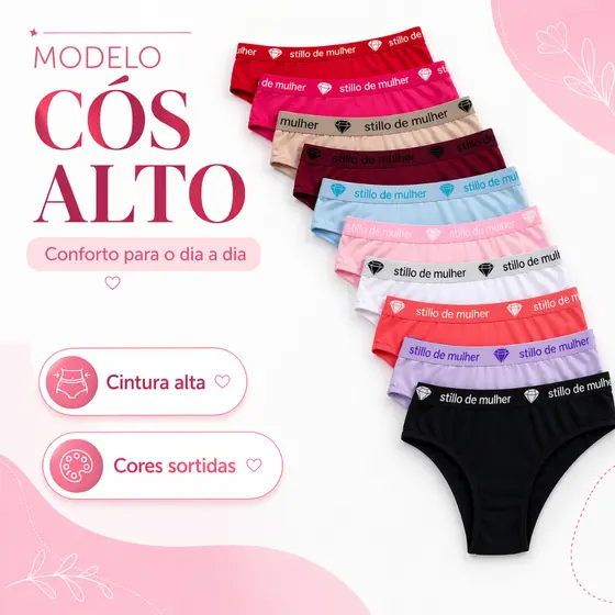 Kit 10 e 5 Calcinha Conforto Cós Alto 100% Algodão Stillo de Mulher Liso