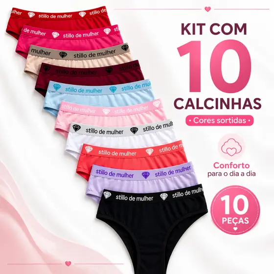 Kit 10 Calcinhas Tanga Conforto Cós Alto 100% Algodão Lisa e Estampada