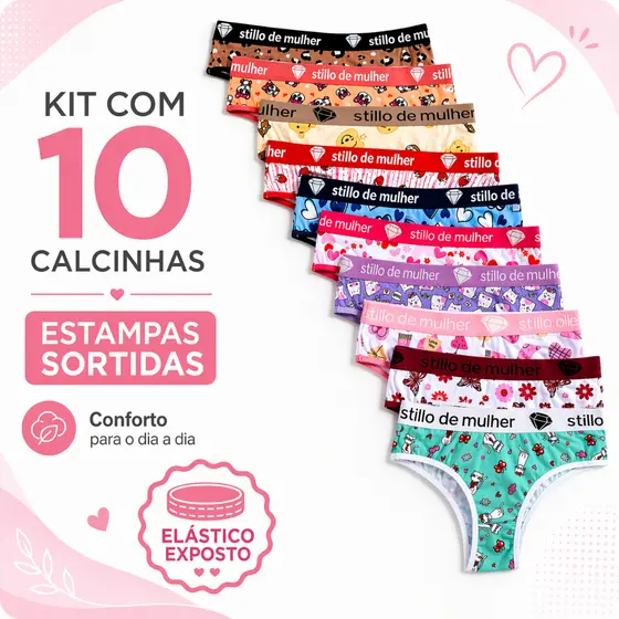 Kit 10 Calcinhas Tanga Conforto Cós Alto 100% Algodão Estampada Cintura Alta